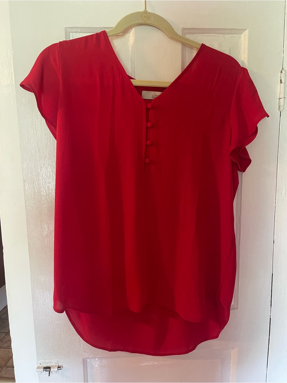 LOFT Red Short Sleeve V-Neck Blouse with Button Placket